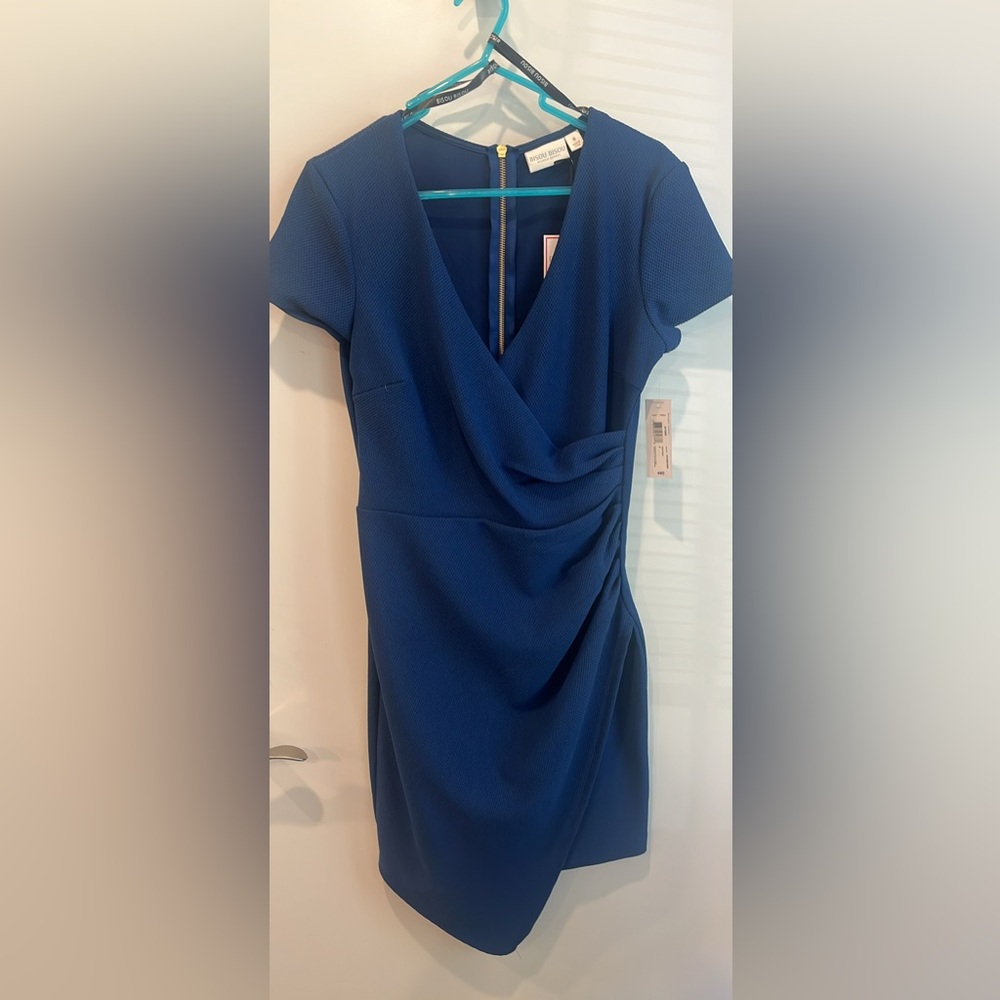 Bisou Bisou Blue Sheath Dress with V-Neck and Flutter Sleeves